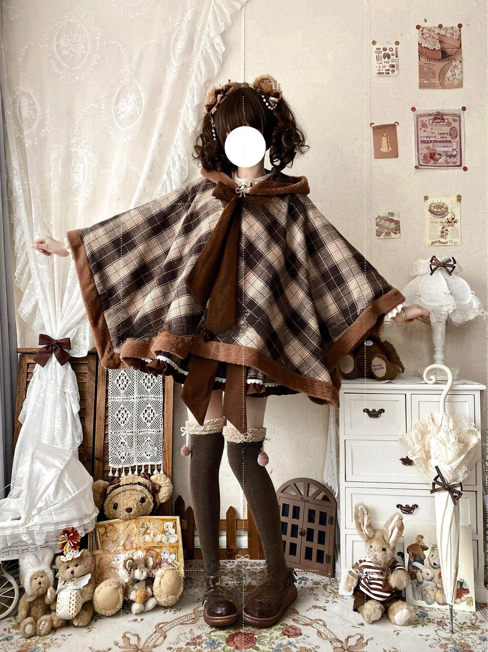 Qianmu~Waffle~Kawaii Lolita Cape Daily Lolita Plaid Hoodie Cloak