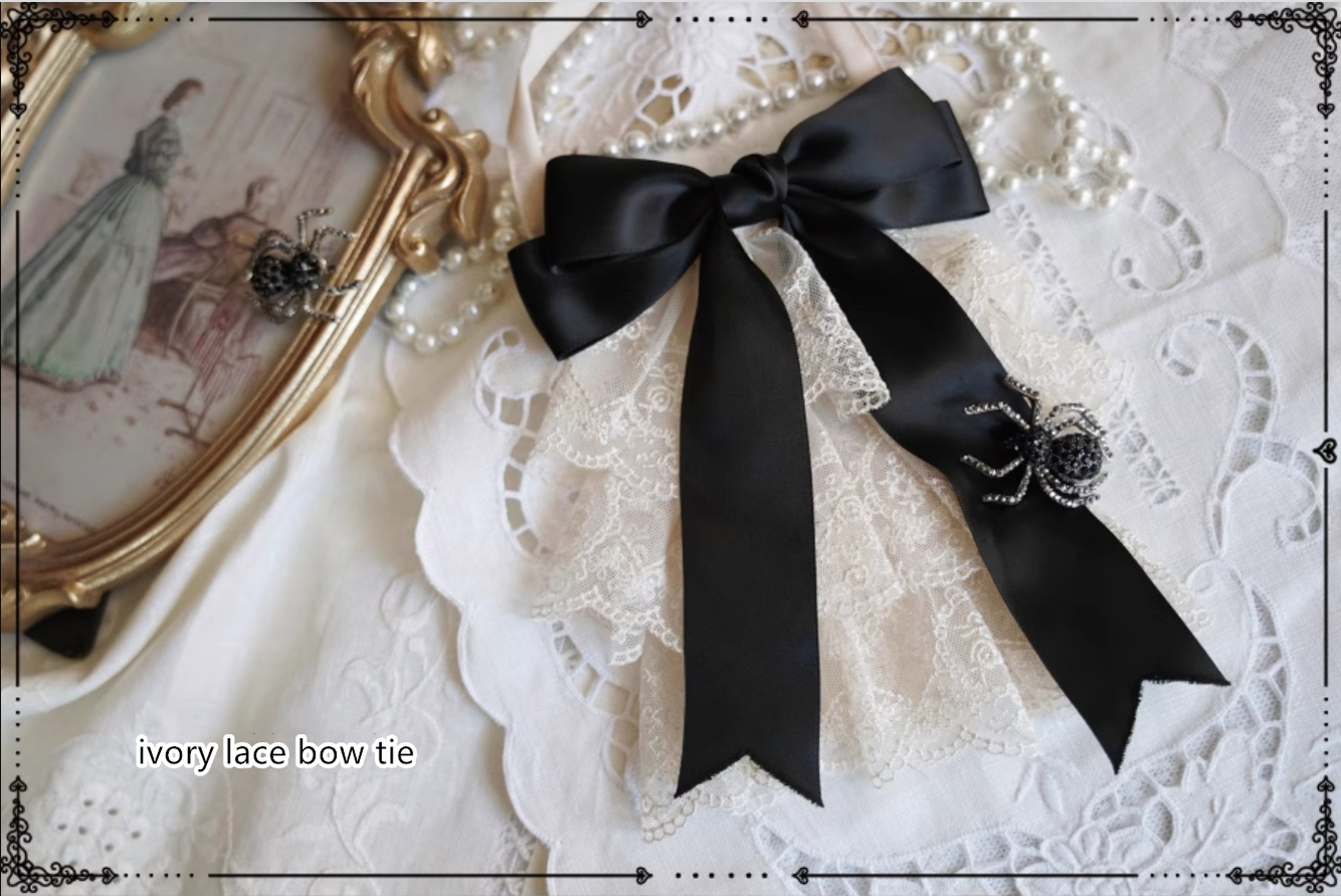 (BFM)Moon River~Gothic Lolita Dress in Red and Black Color S ivory lace bow tie (with spider brooch) 