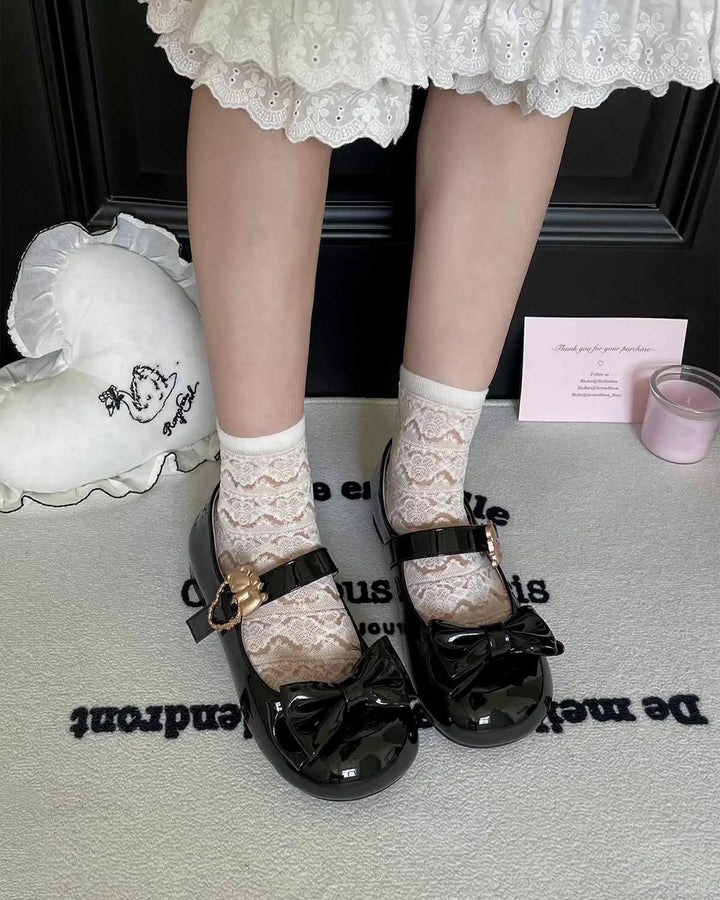 Sheep Puff~Hug Bear~Sweet Lolita Heel Shoes Bear Metal Buckle Bow Shoes   