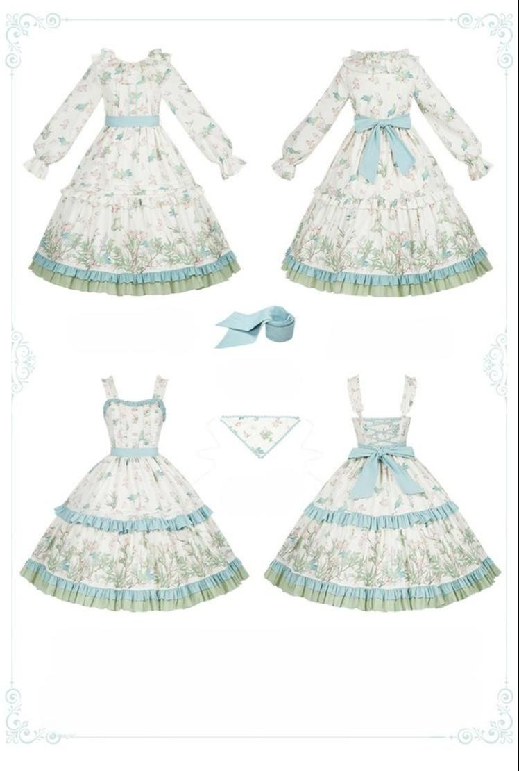 With PUJI - Oriole Time - Country Lolita JSK and OP Dress, Floral and Bird Print 44048:794582