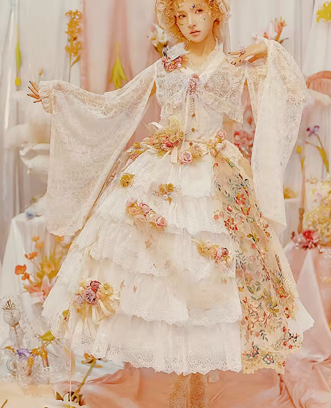 Sentaro - Elegant Lolita A-line Fish-bon Adjustable Tiered Skirt (beige) 15014:208936