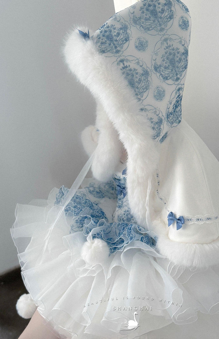 POSHEPOSE~Blue and White Porcelain~Princess Lolita Cake Skirt JSK Dress Plush Cape