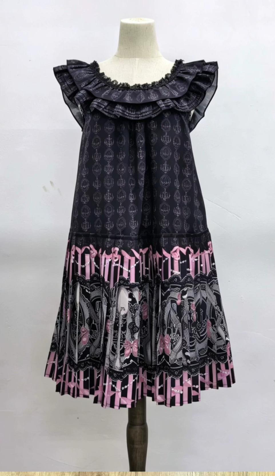 Clara Table - Dark Sweet Lolita SK & JSK Dress Set, Candelabra Tableware Print (Black / Pink / 2XL L M S XL) 45979:870401
