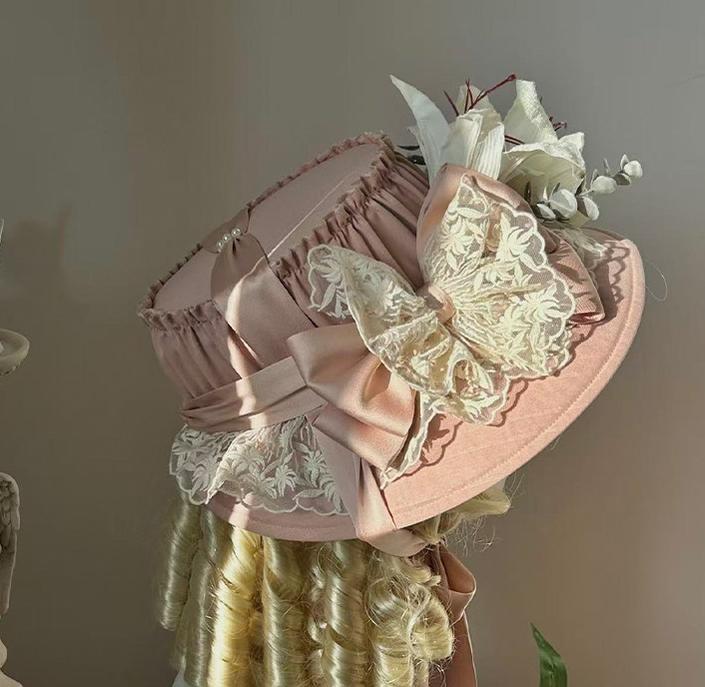 Moon gazing Lily - Classic Lolita Faux Lily Accessories Lace Lily Hat Pink