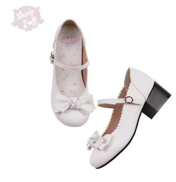 Sheep Puff~Kawaii Lolita Round Toe Mary Jane Shoes 35 white mid heel 