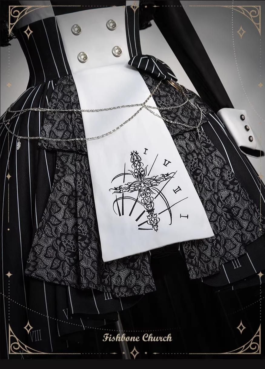 The Choir of the Church - Striped Gothic Lolita Dress Set, High-low Hem