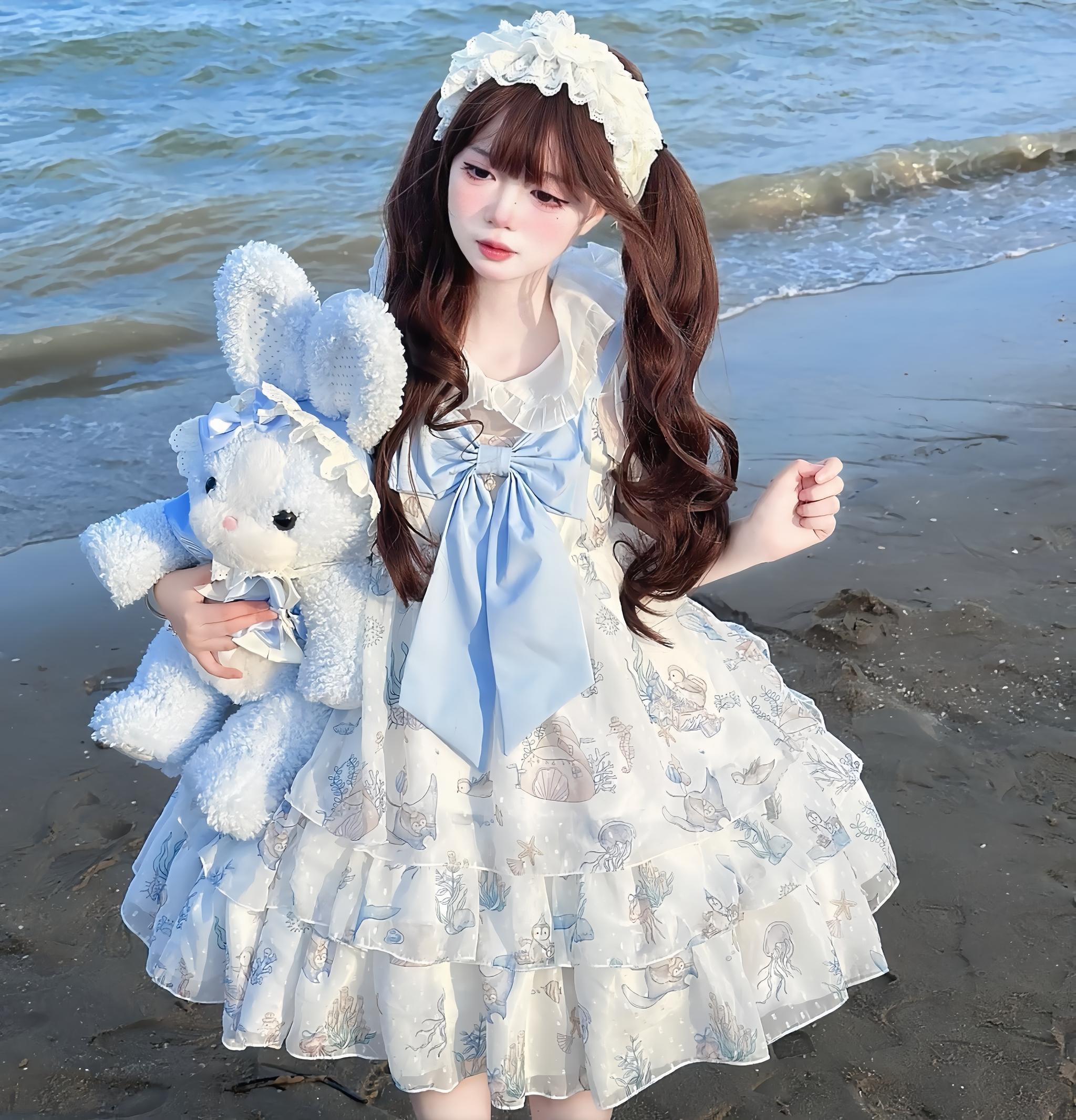 Ocean Sweetheart - Chiffon Sweet Lolita JSK Dress, Whale & Jellyfish Print (L S) 44902:827017