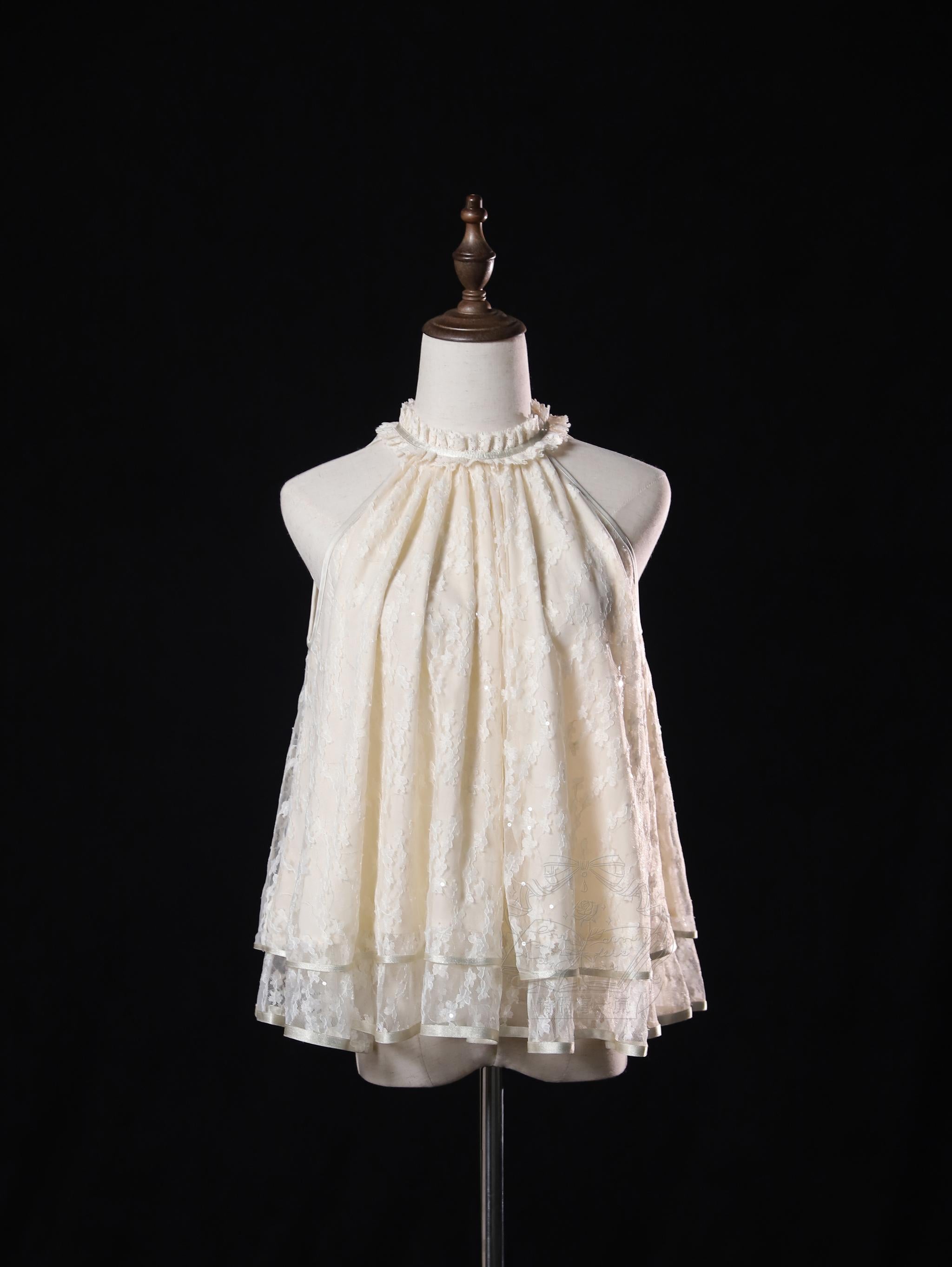 Moonlight Ode - Classic Lolita Lace Halter-neck Blouse & Tulle Skirt Set (Large Small) 45447:849183