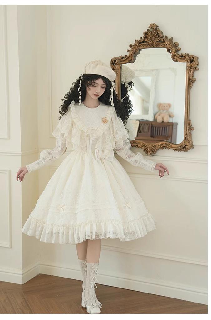 With PUJI~Floral Melody~Ivory Classic Lolita Long Sleeve OP Dress with Layered Bolero