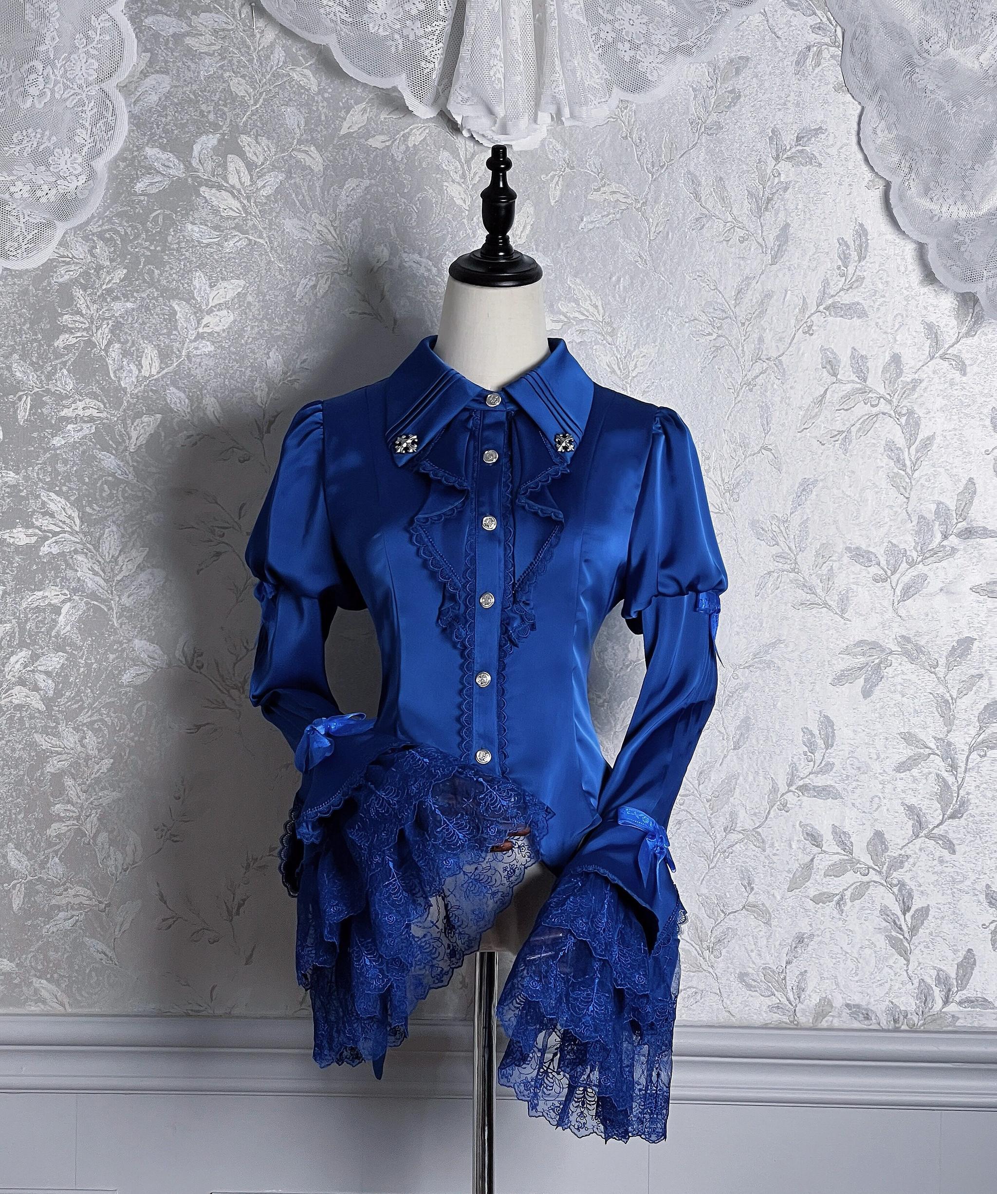 Dark Fog Feast - Gothic Lolita Satin Blouse, Hime Sleeves Blue XS