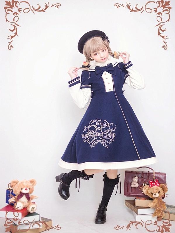 Strawberry Witch - Winter Kawaii Lolita Sailor Collar Overcoat, Bear Embroidery (2XL L M S XL) 44184:798175