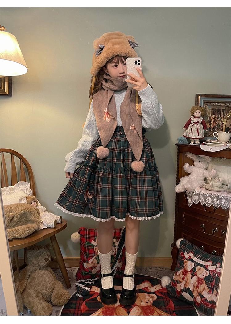 (BFM)Labeau~Christmas Vintage Lolita Skirts Doll Collar Blouse Plaid Skirt Set 37322:555686