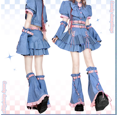 (Buyforme)Bubble Trap~Y2K Denim Sweetheart Skirt Set   