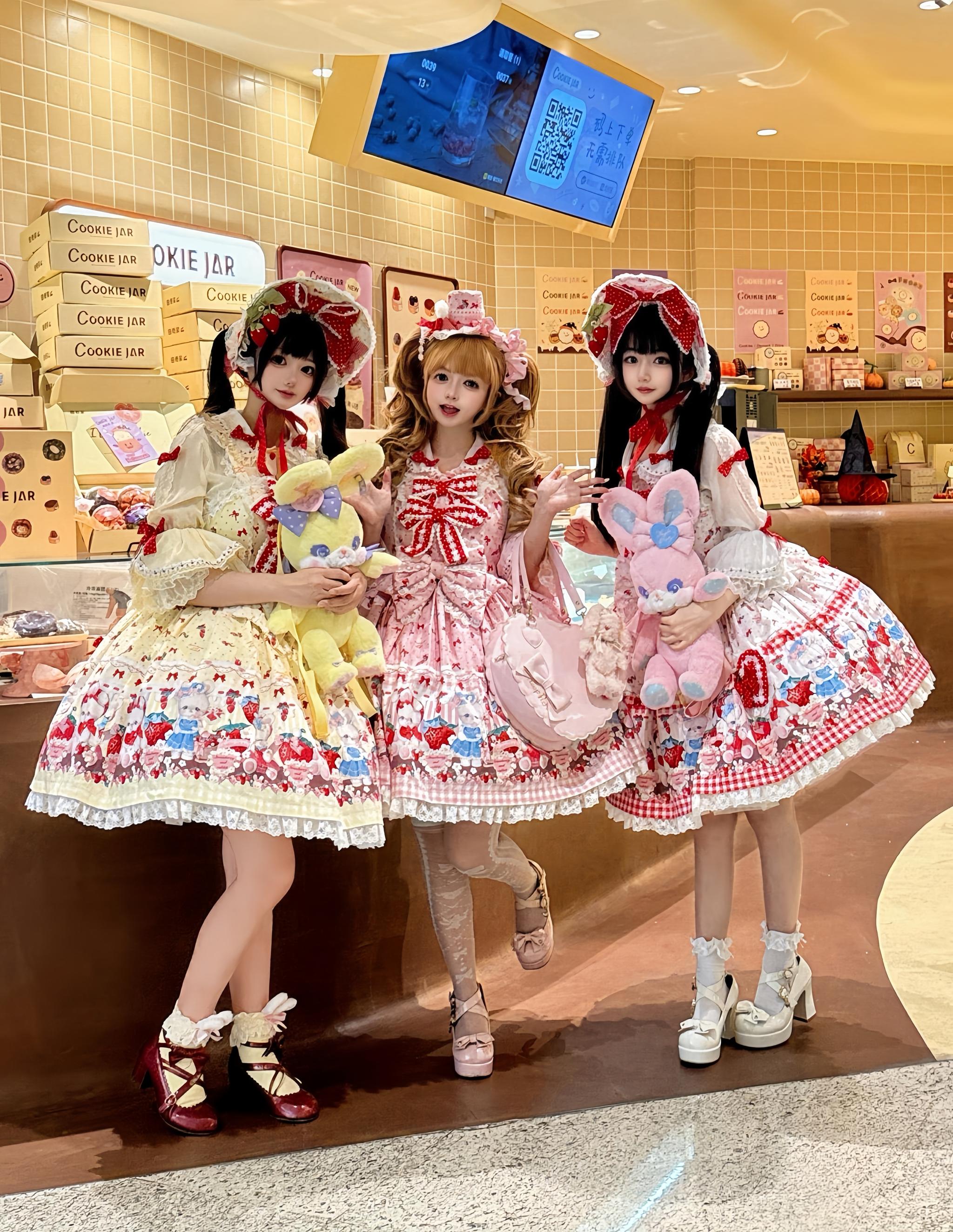 Strawberry Plaid Bunny - Printed Sweet Lolita JSK Dress, Hime Sleeve Blouse