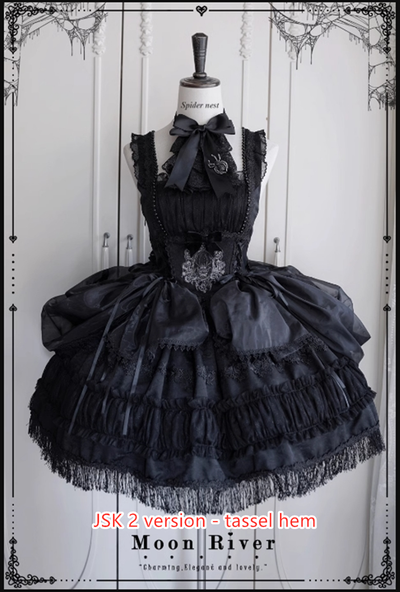 (BFM)Moon River~Gothic Lolita Dress in Red and Black Color S black JSK 2 version- tassel hem-short version 