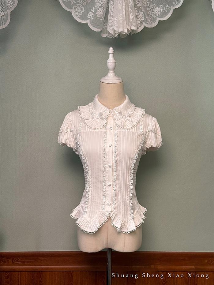 Shuang Sheng Xiao Xiong - Bite The Cake - White Sweet Lolita Blouse, Lace-Up Back Blouse XS