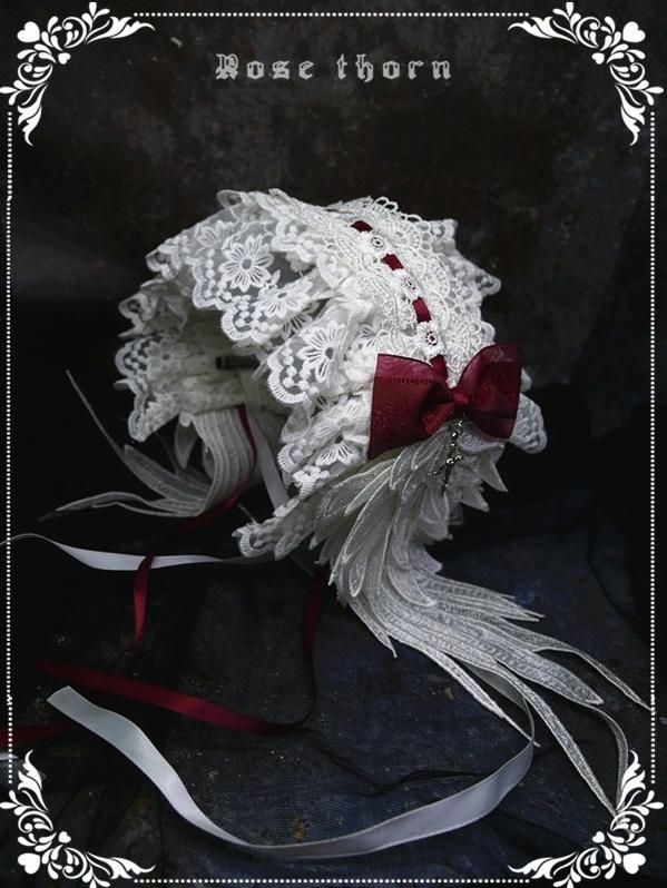 Rose Thorn - Angel Wings - Embroidered Crafted Headband Elegant Lolita Hair Accessories White + red