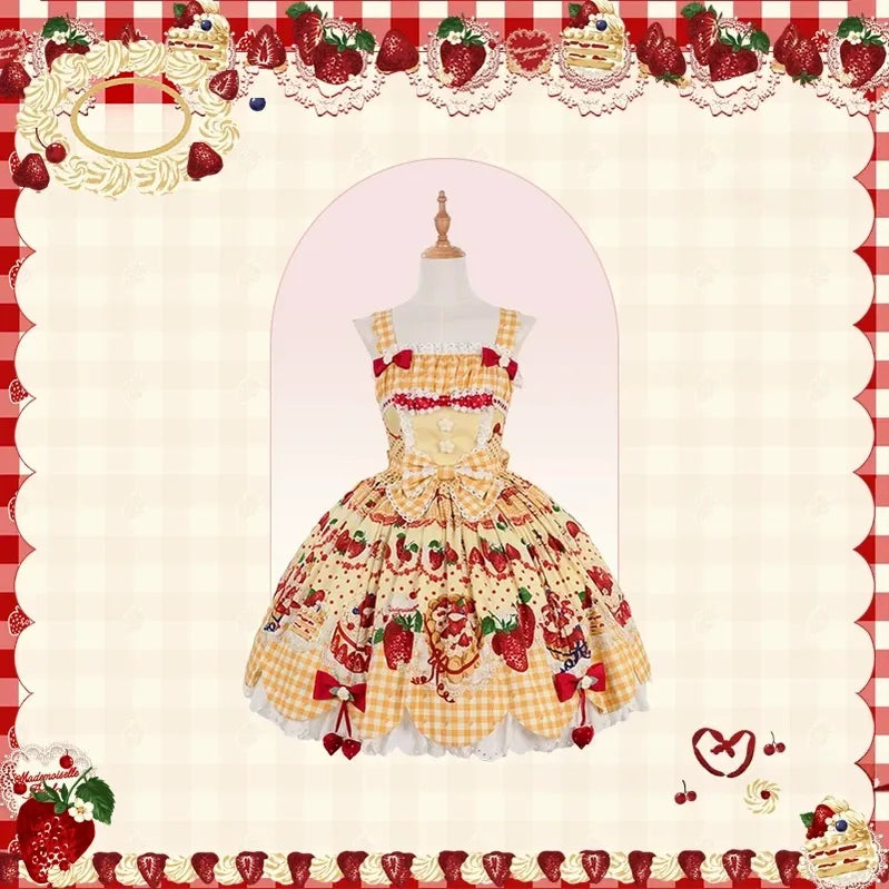 Strawberry Cake Pictorial - Cotton Sweet Lolita Petal Hem JSK, Strawberry Cake Print (L M S XL XS) 45810:863203
