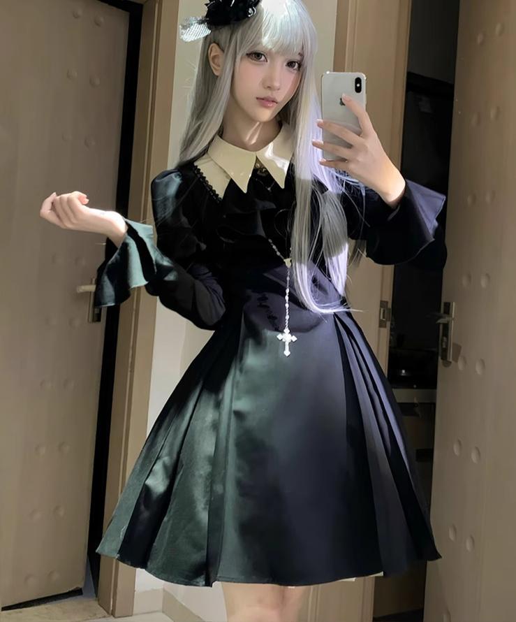 Mengfuzi - Gothic Lolita OP Dress Nun Style Fishbone Skirt