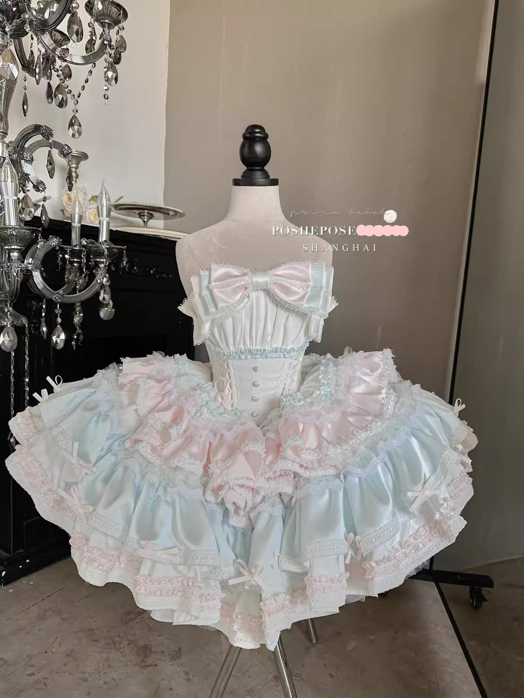 POSHEPOSE~Limited Gratitude Collection~Sweet Lolita Dress High-end Tiered Skirt Dress XS Cherry Blossom Milk Powder Cat 