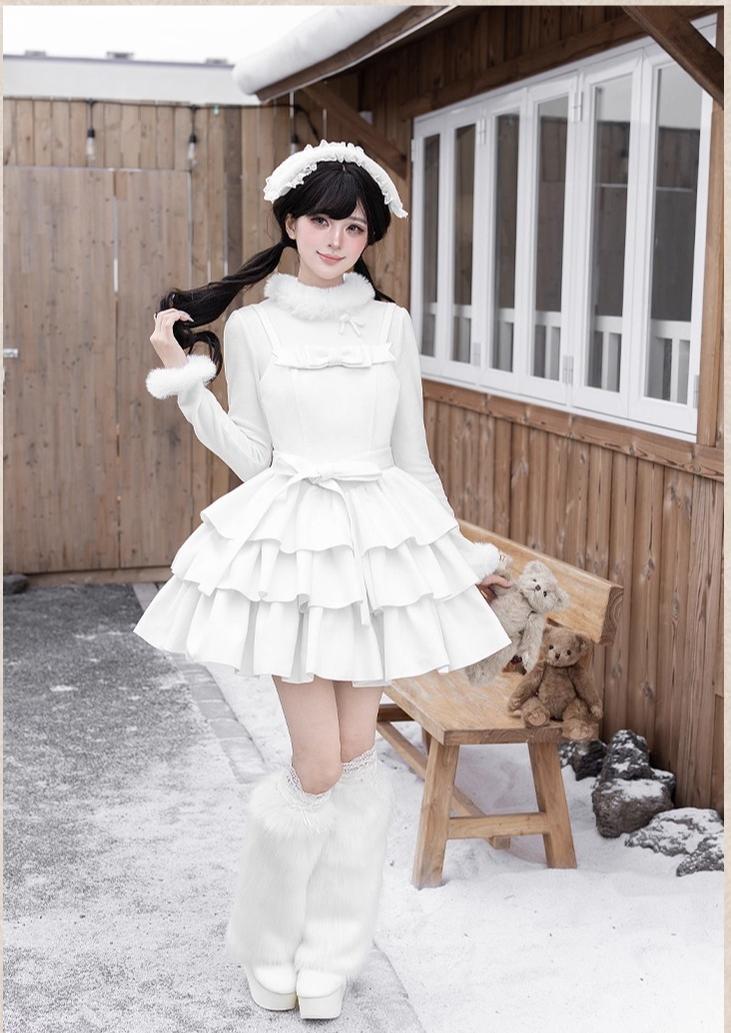 With PUJI - White Choco - Winter Kawaii Lolita JSK Dress Set, Fluffy Accents 44246:801134