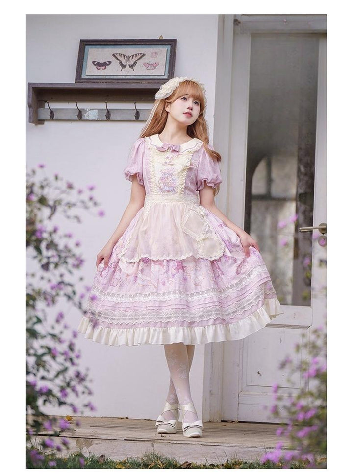 Urtto~Rain Melody~Classic Lolita Dress Set JSK OP and Accessory Pink - Printed Version - OP Only S