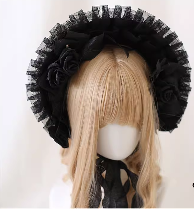 Xiaogui - Gothic Lolita Black Lace Flowers Bonnet One Size bonnet (black + black flower clips)