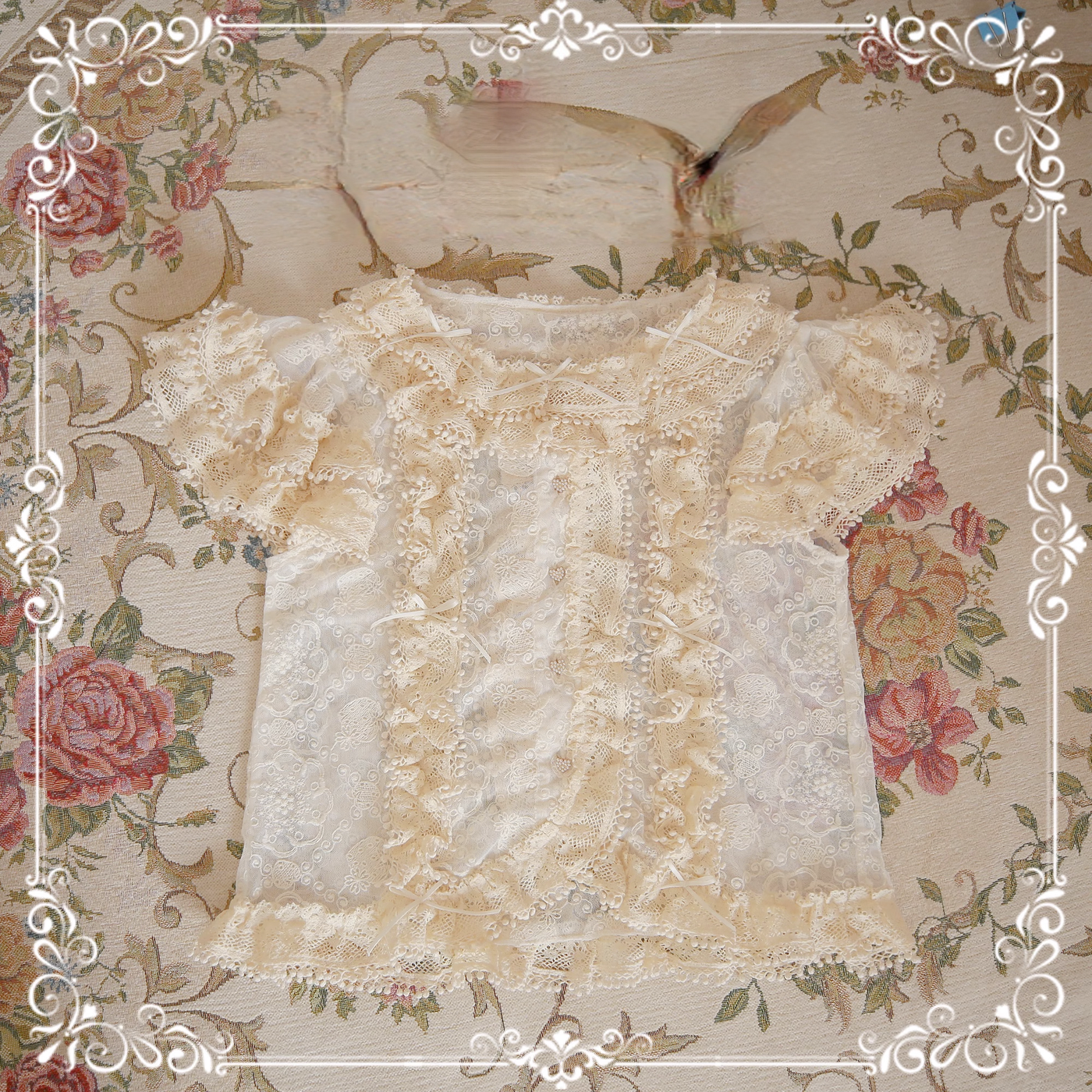Aurora&Ariel~Daily Lolita Blouse Cotton Embroidered Lace Shirt M Ivory 