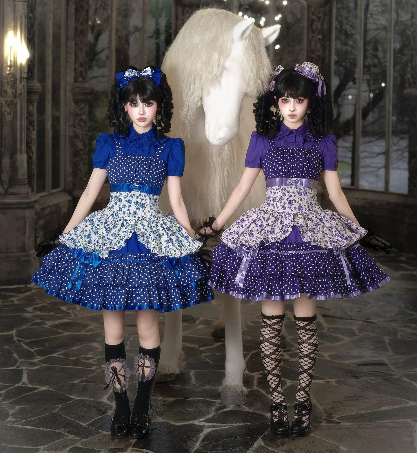 Libobo - Cotton Old School Lolita JSK Dress, Polka Dot & Floral Print 45878:866121