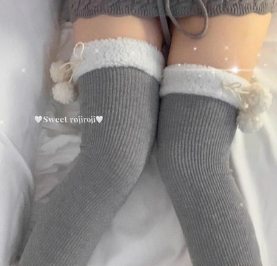 Roji Roji~Winter Fuzzy Ball Lolita Socks Over Knee Thick Socks   
