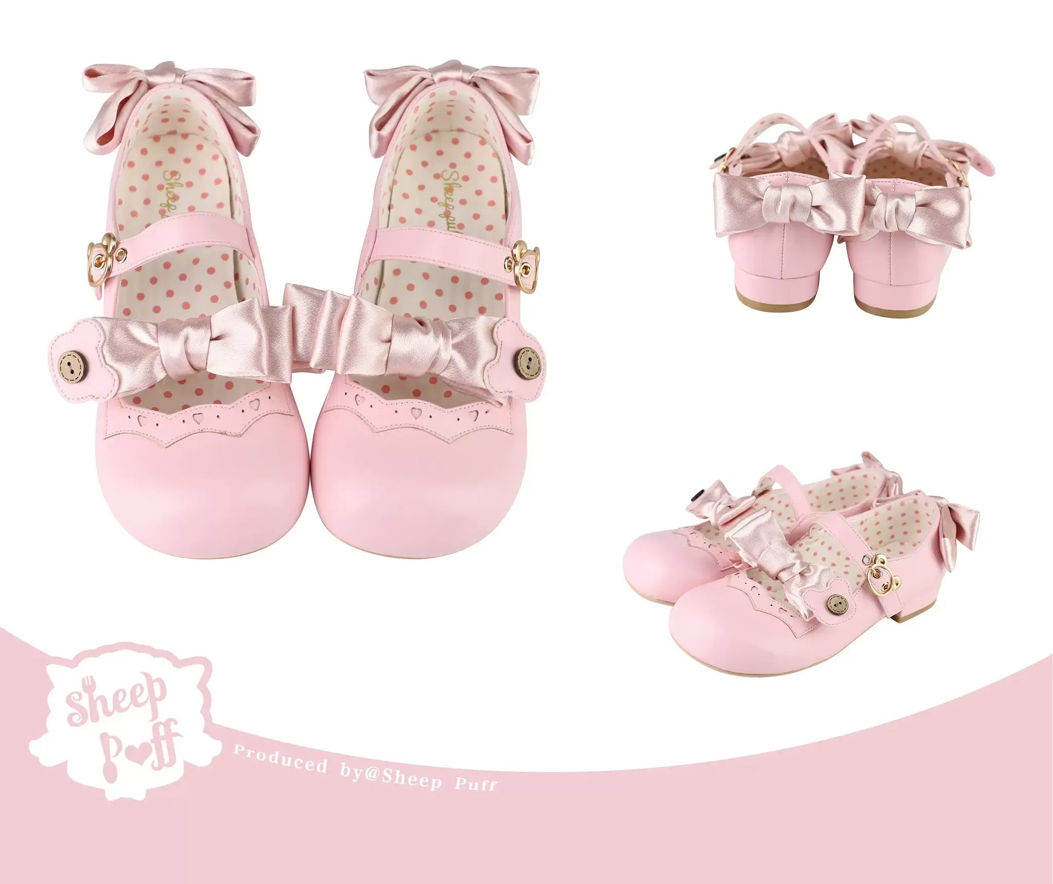 Bear Room - Sweet Lolita Shoes Double Bow Round Toe Flat Shoes Pink with Ribbon Bow 34