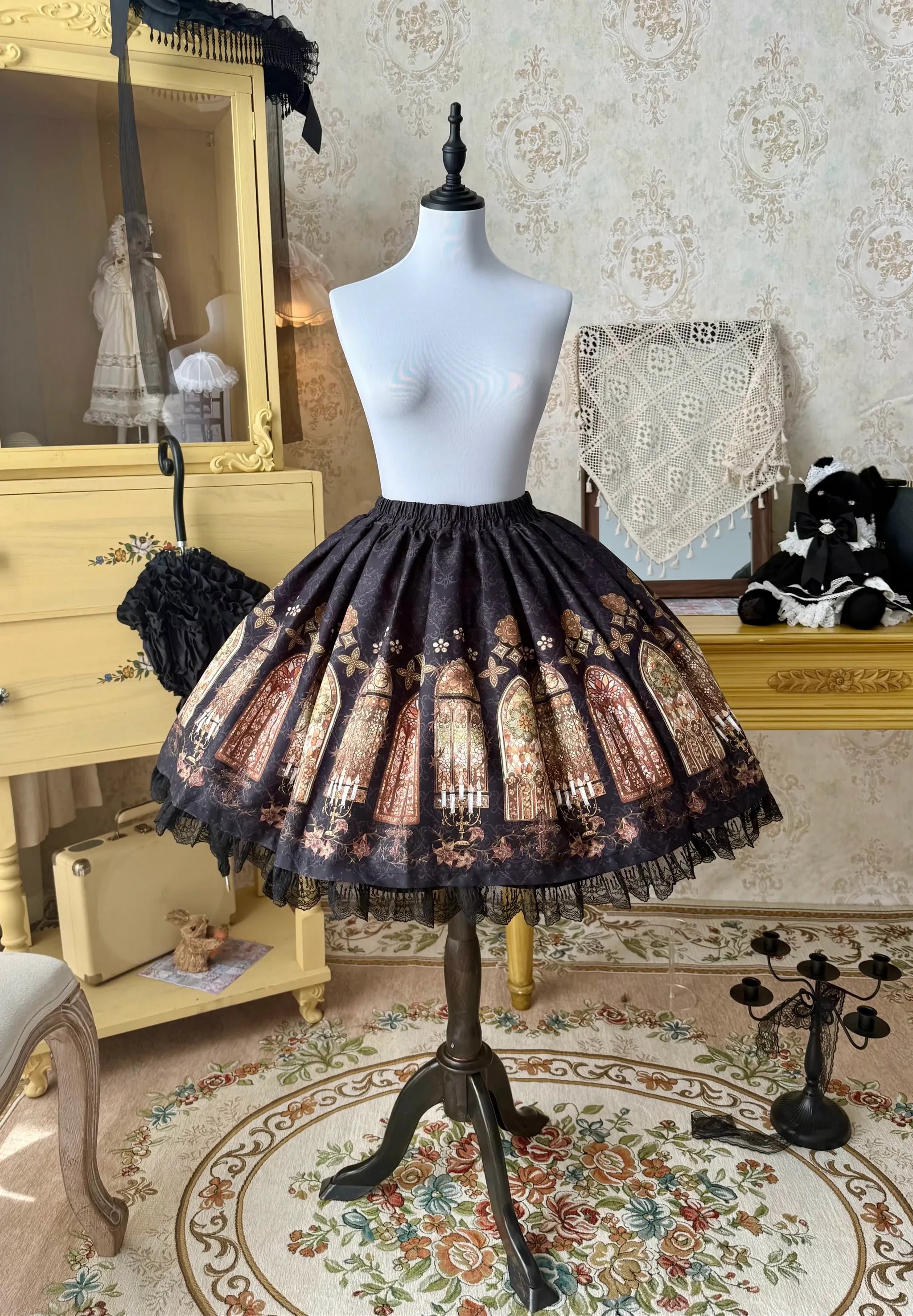 Temple Stained Glass - Gothic Lolita Stained Glass Printed SK, Elastic Waist 45770:861919