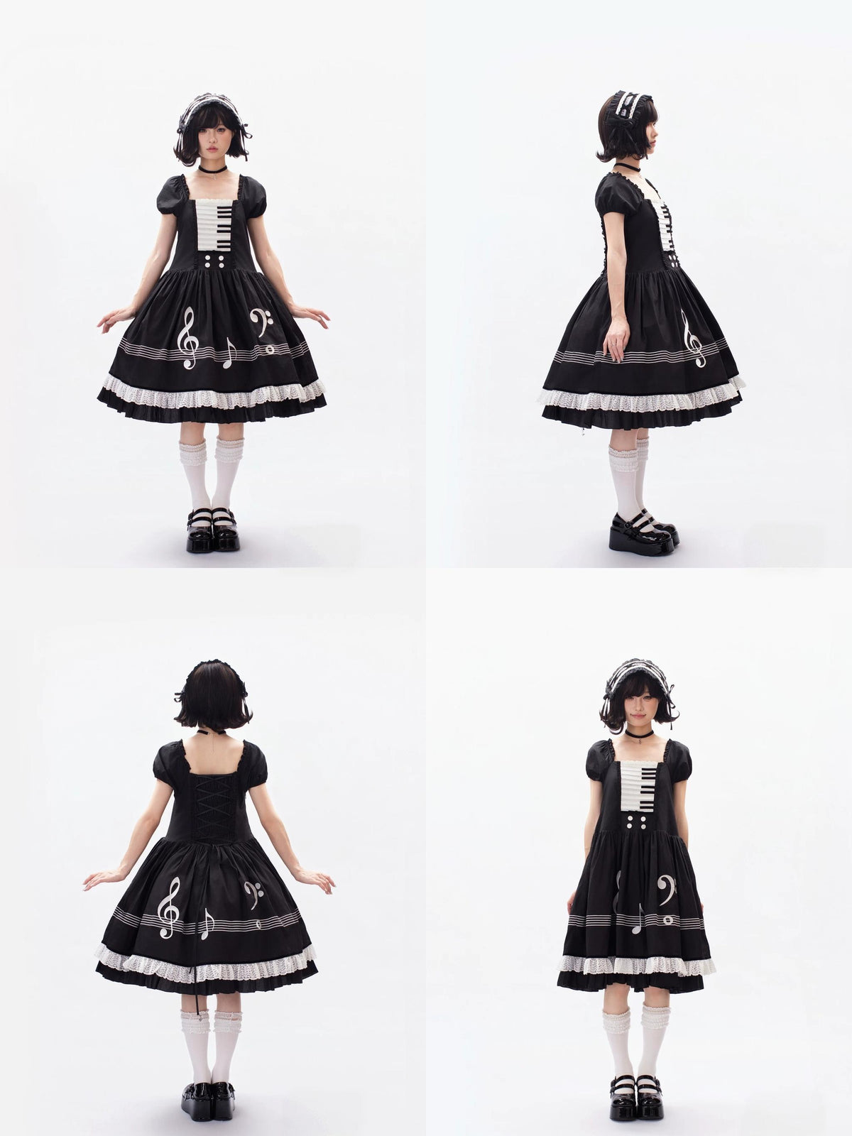 Piano's Letter - Cotton Old School Lolita OP Dress Set, Piano Note Embroidery 46029:873024