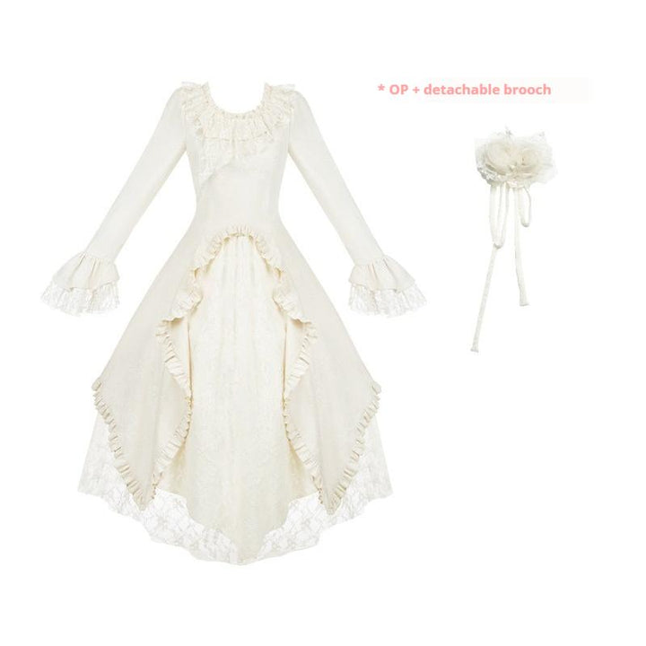 With PUJI~White Tea~Classic Lolita OP Dress with Irregular Design and Fishbone Waistband Long-sleeved OP with detachable brooch S