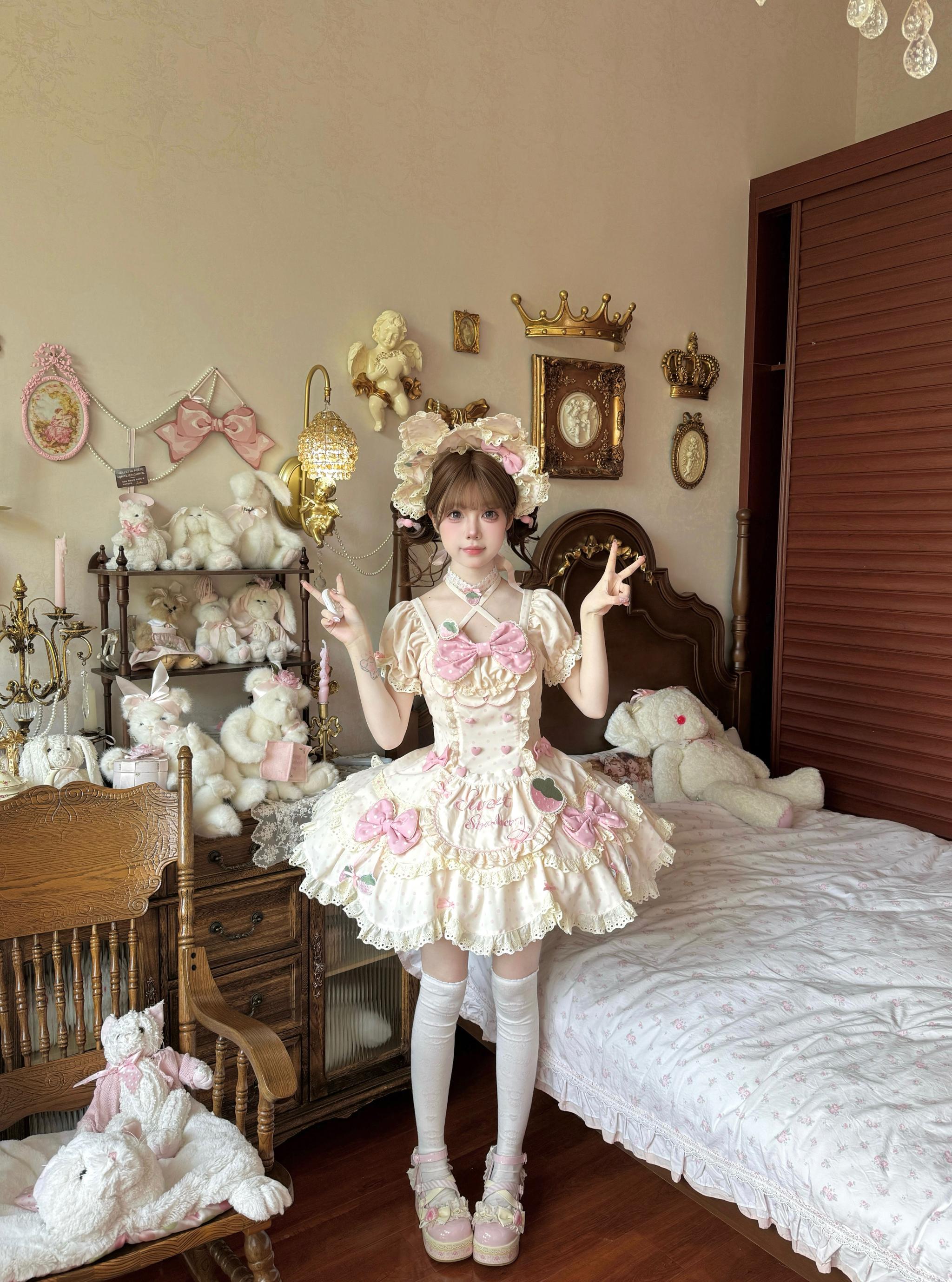 Salty Cream - Strawberry Polka Dot - Sweet Lolita OP Dress, Detachable Apron Ivory OP Only XS