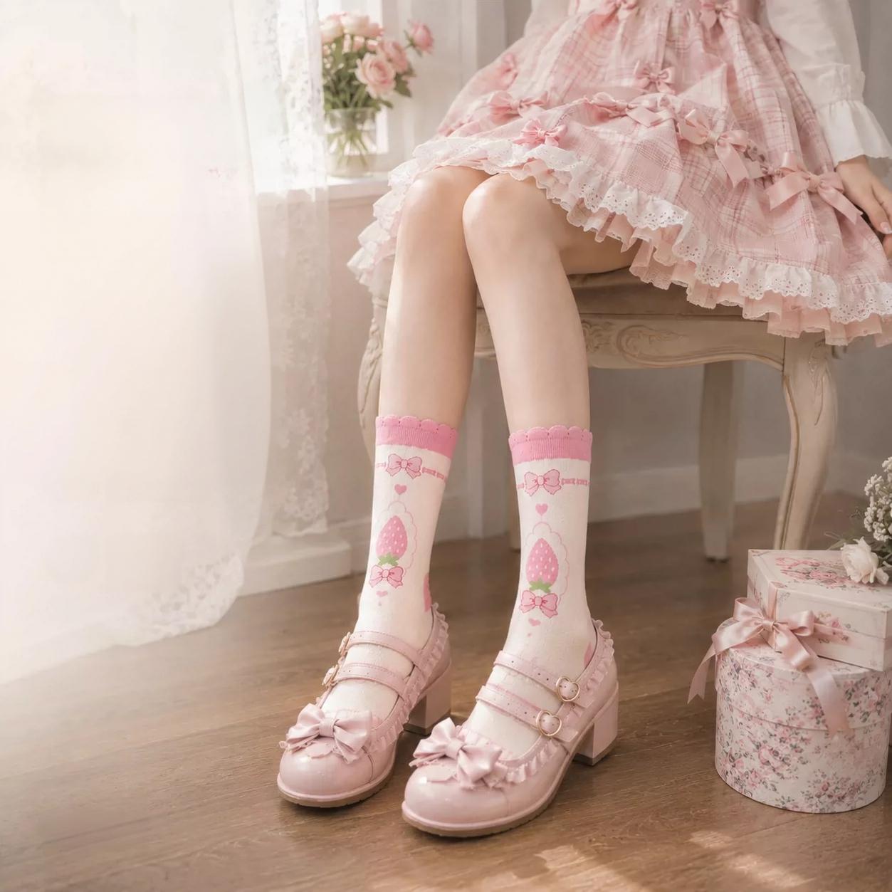 Cotton Sweet Lolita Mid-calf Socks, Strawberry Jacquard (Pink) 45902:867349
