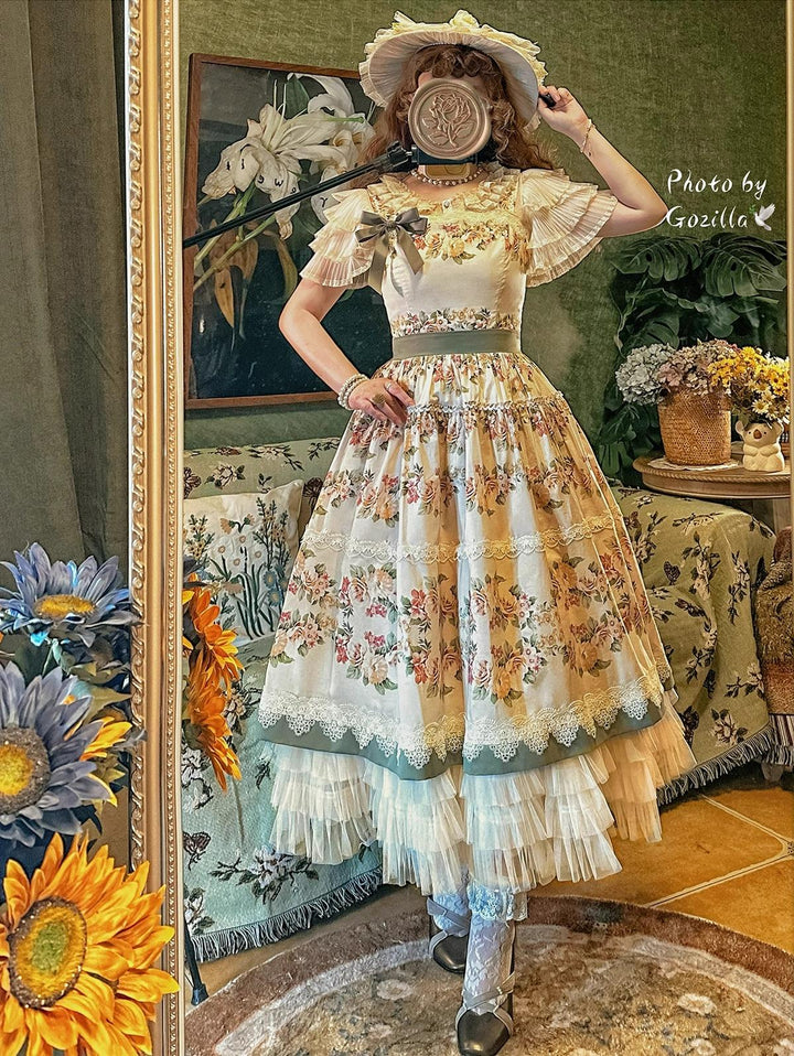 Surface Spell - Blooming Roses Over a Porch - Cotton Elegant Lolita JSK Dress, Floral Print