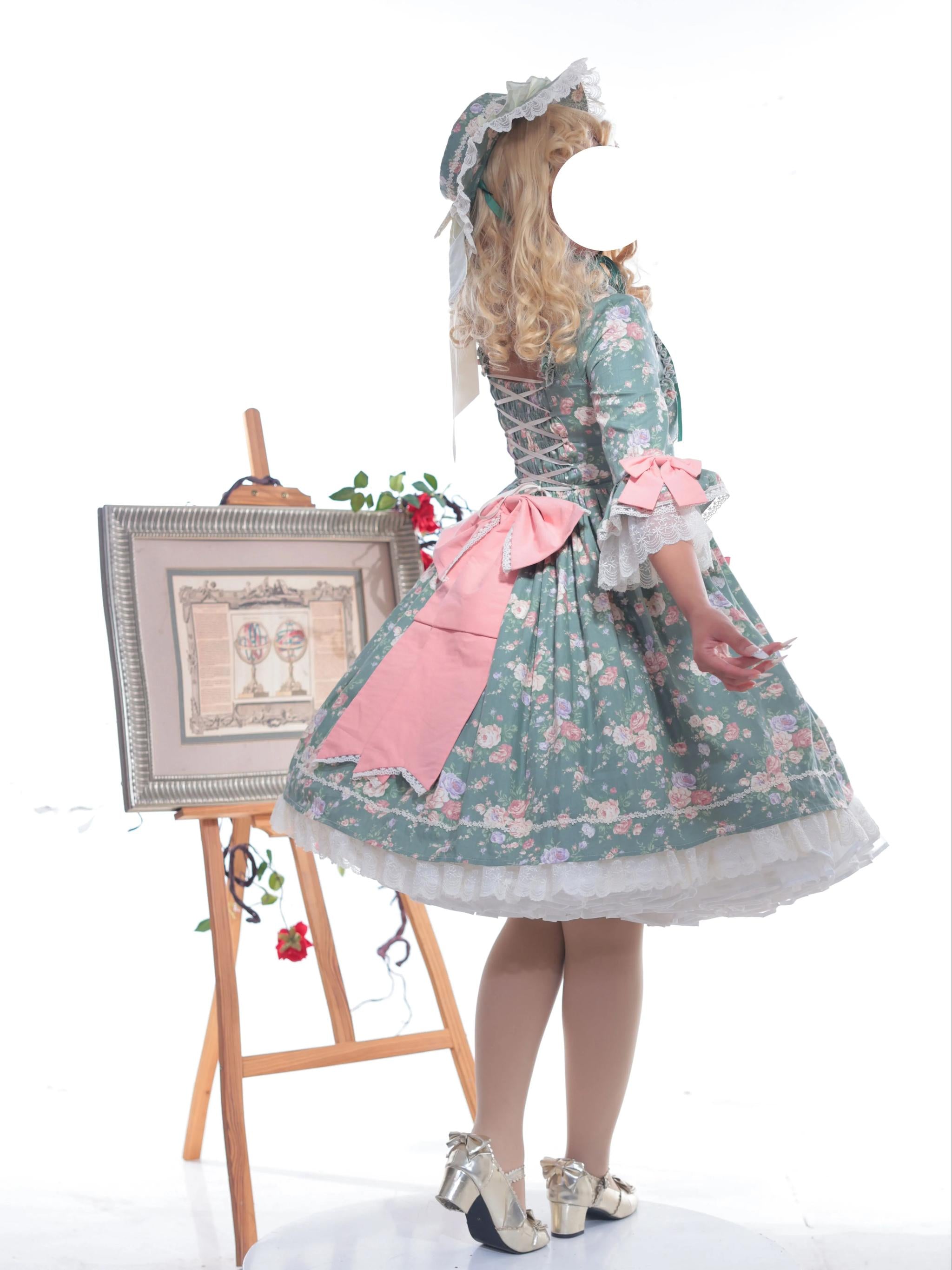 Classic Lolita Rococo Floral Print OP Dress, Lace Hime Sleeve 45668:857638