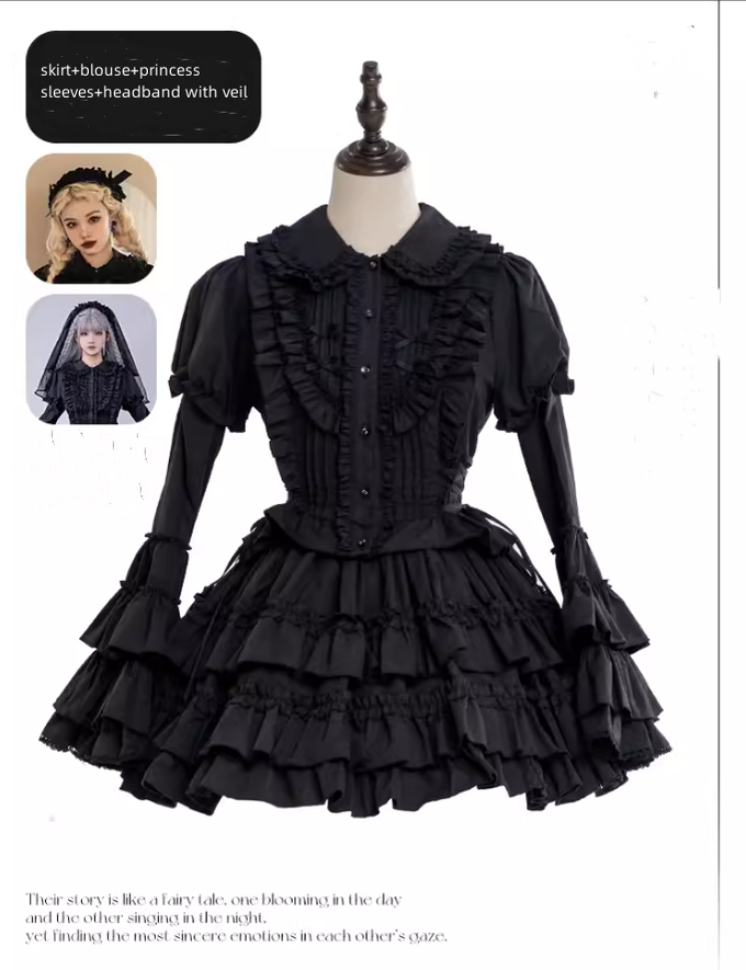 Mewroco~Nightingale and Rose~Gothic Lolita Dress Princess Sleeve Blouse and Skirt Set S black skirt set (skirt+blouse+a pair of princess sleeves) +headband - polyester and cotton version 
