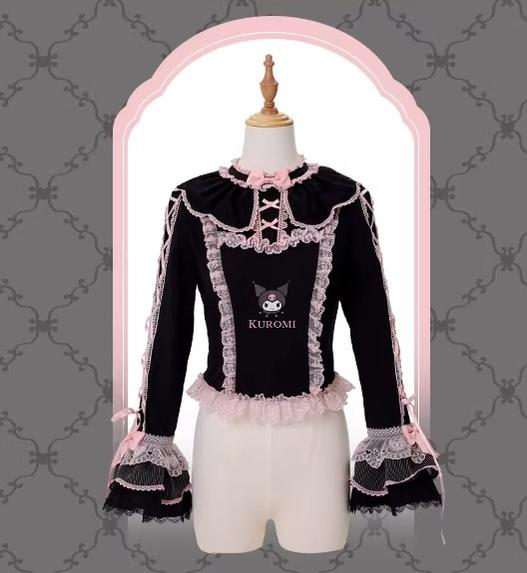 IP Collaboration Sweet Lolita JSK Dress Set,Kuromi Details Mini Hime Sleeve Blouse Only XS
