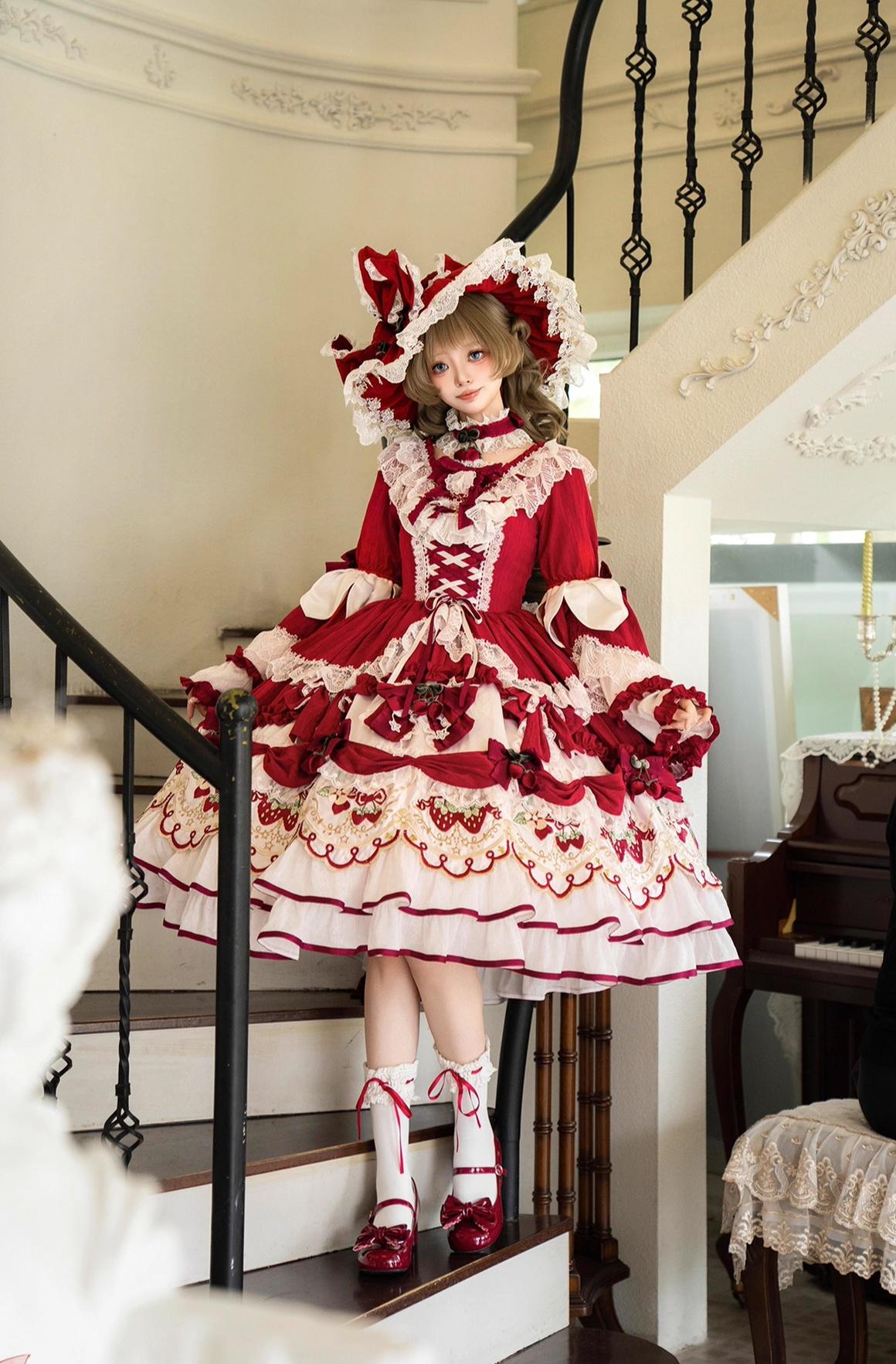 Bramble Rose - Starryberry Eden - Hime-sleeved Sweet Lolita Dress, Strawberry Embroidery 44262:801225