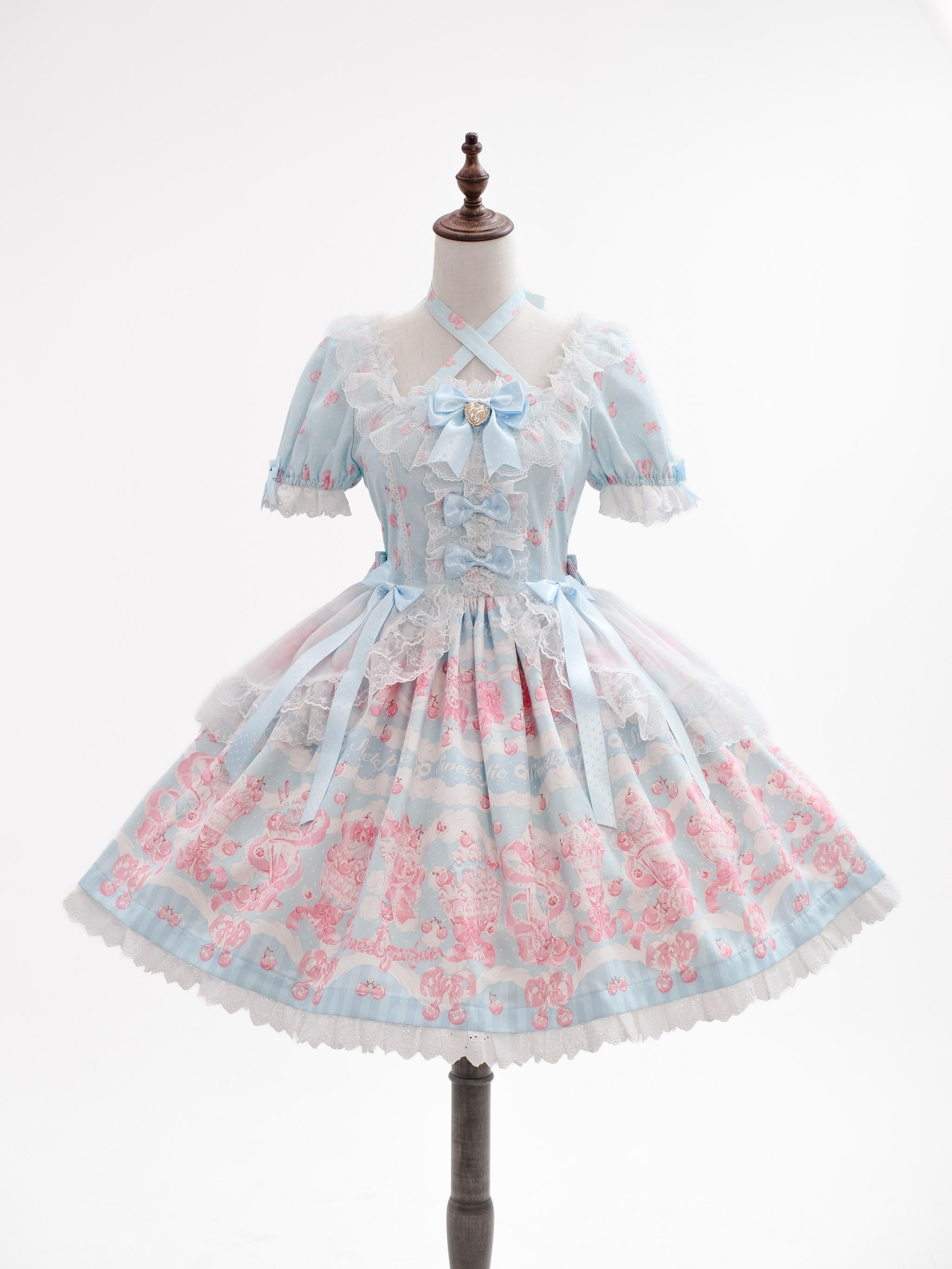 Cherry Parfait - Printed Sweet Lolita Dress, Macaron Colors Blue OP Only S