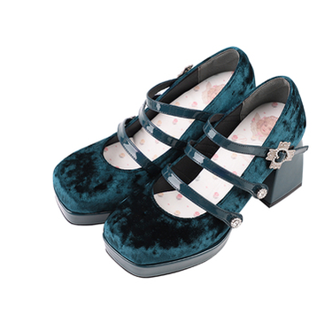 Pure Tea For Dream~Vintage Lolita Velvet Bow High-heel Shoes 35 velvet peacock blue (without bow) 