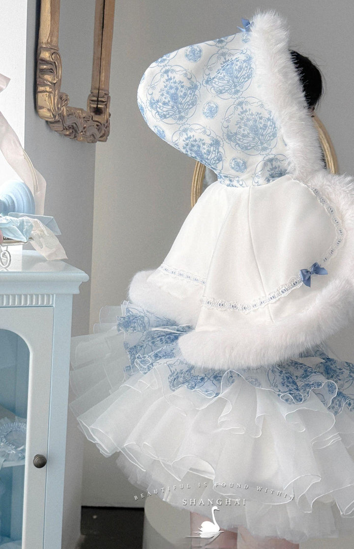 POSHEPOSE~Blue and White Porcelain~Princess Lolita Cake Skirt JSK Dress Plush Cape