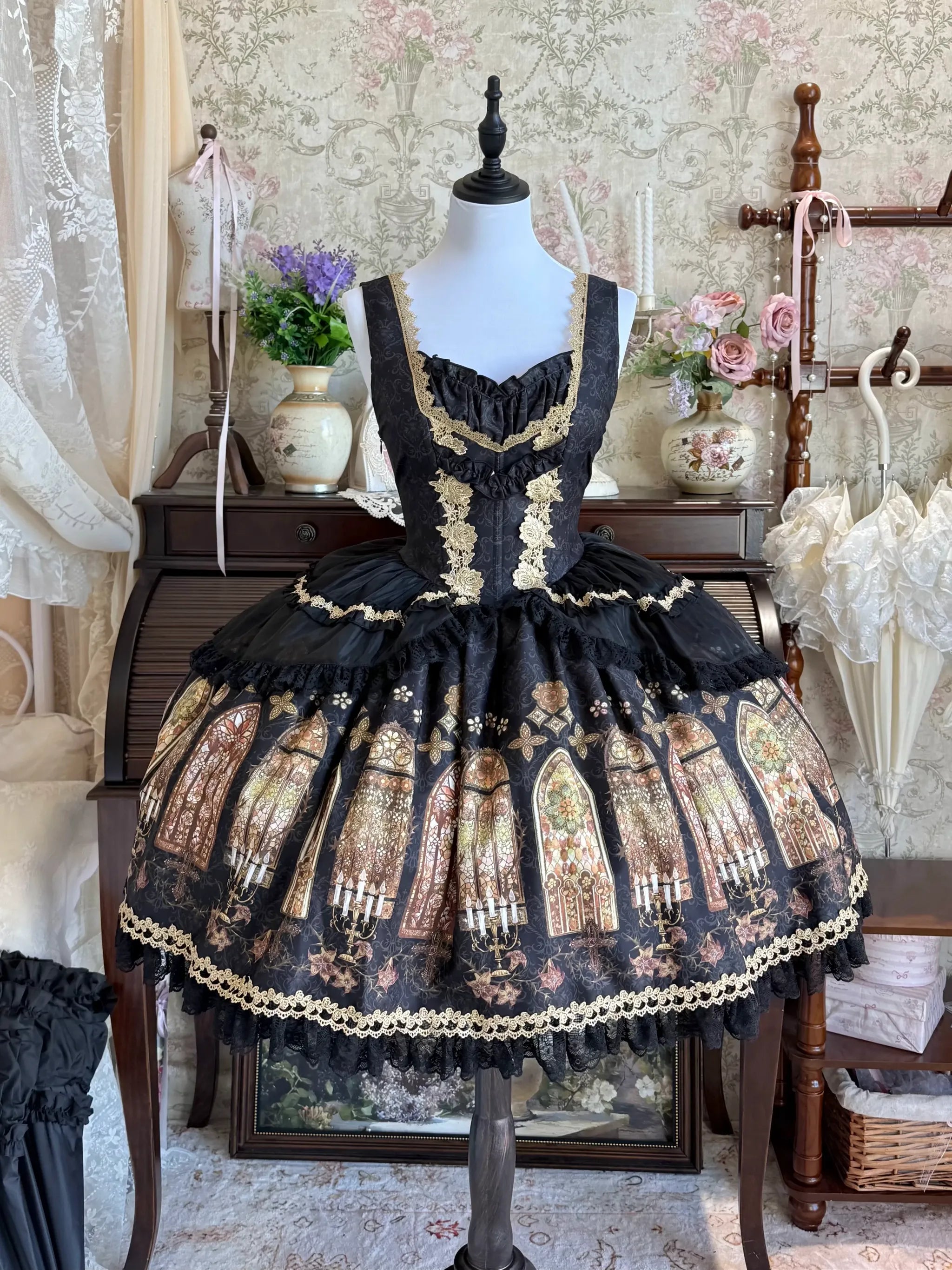 Gothic Lolita JSK Dress & Blouse Set, Stained Glass Print (L M S XL) 45793:862613