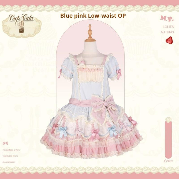 Mademoiselle Pearl~Cup Cake~Sweet Lolita OP Dress Kawaii Lolita JSK SK Low-waist OP - blue pink XS 