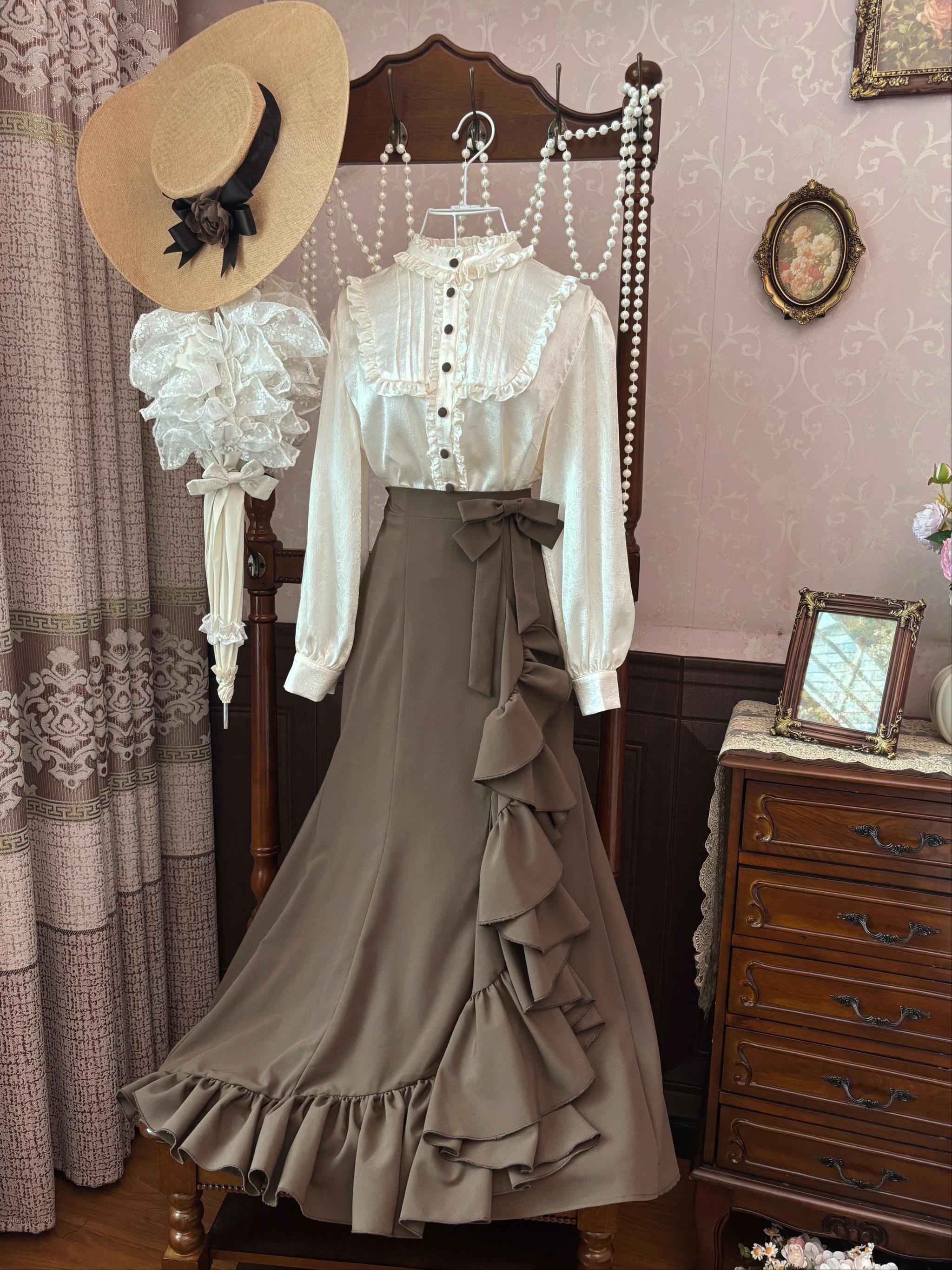 Muyu Handmade Studio - Evening Whispers of London - Brown Classic Lolita OP Dress, Mermaid Skirt Outfit (2XL L M S XL) 43993:792064