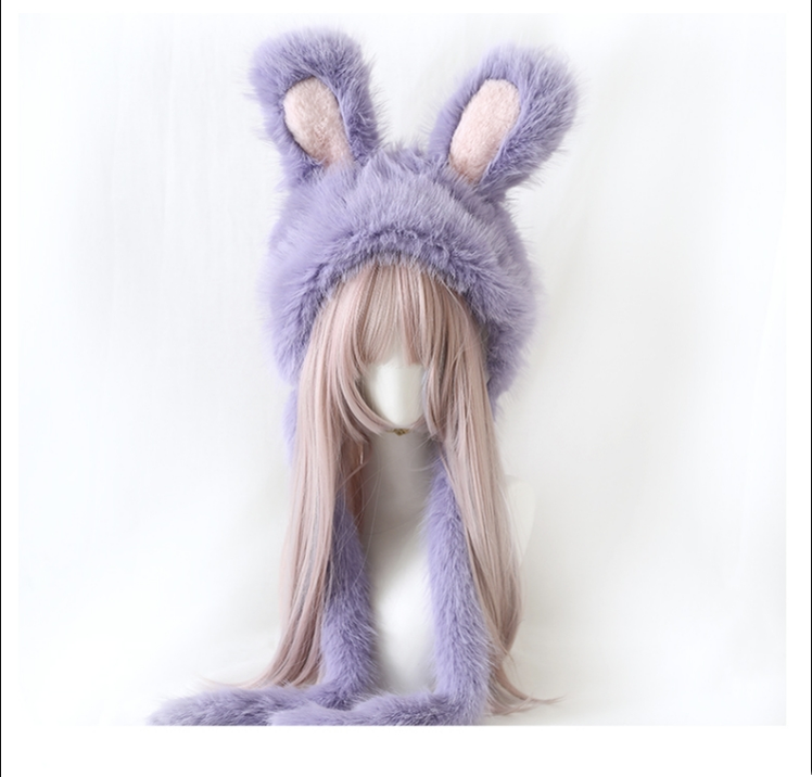 Xiaogui - Sweet Lolita Hat Bunny Ear Plush Warm Headwear M (56-58cm) Purple