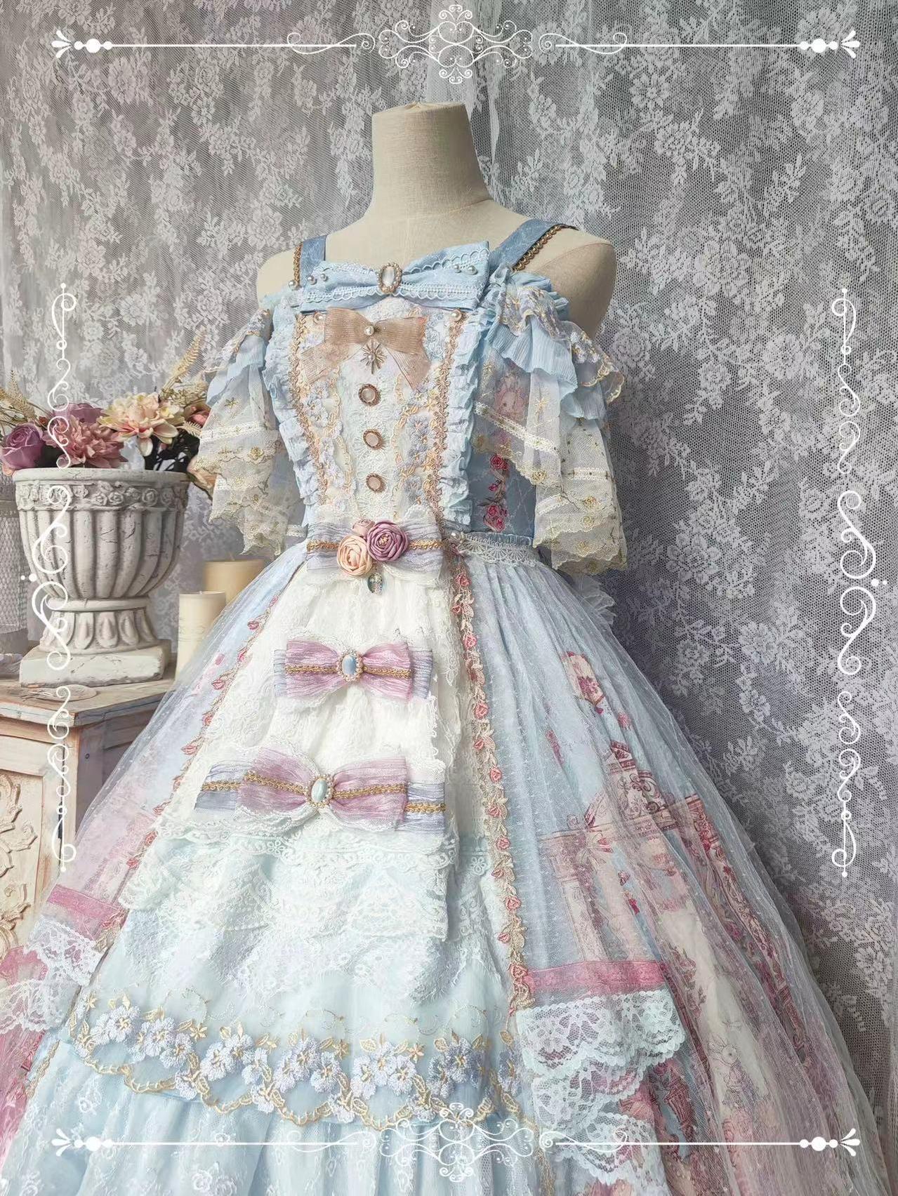 (BFM)Two Rural Cats~Gorgeous Lolita JSK Dress Wedding Lolita Dress Full set + neck decoration L Light blue