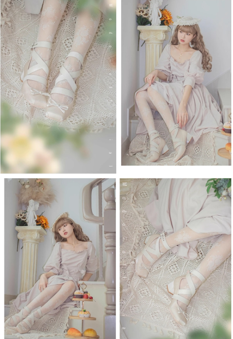 (BFM)MODO~Elegant Lolita Shoes Ballet Round-toe Mid-heel Shoes   